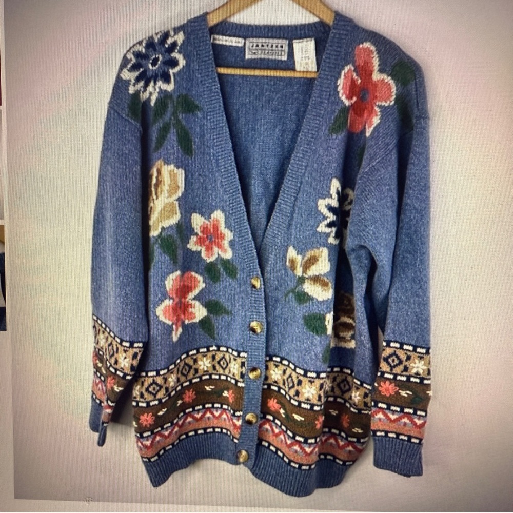 JANTZEN CLASSICS Women Blue Floral Hand Embroidered Cardigan Sweater Size XL